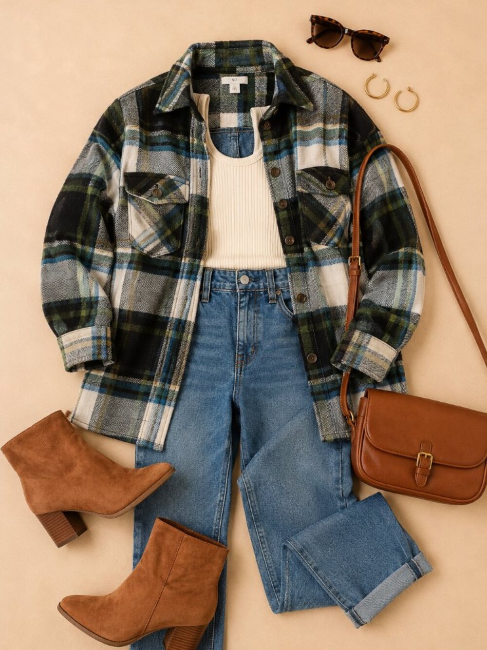 SO Plaid Shacket Womens M Green Black Oversized Flannel Shirt Jacket Fall